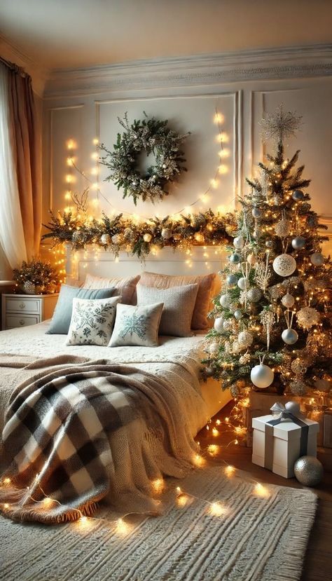 17 Super Cute Christmas Decor Ideas For Your Bedroom Headboard Christmas Decor, Small Bedroom Christmas Tree, Cute Christmas Decor Ideas, Christmas Bedroom Decor Cozy, Christmas Tree For Bedroom, Bedroom Christmas Tree, Christmas Setup, Cute Christmas Decor, Dream Christmas