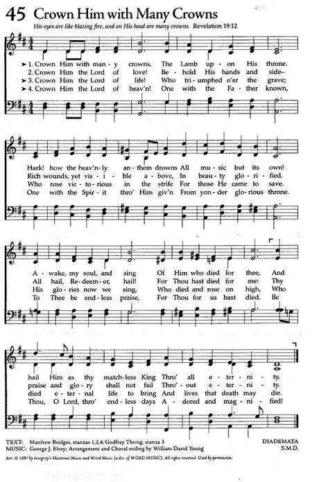 'Crown Him With Many Crowns' Hymn by Matthew Bridges (Lyrics) and Godfrey Thring (Music). Image from Hymnary.org. Emotional Inspiration, Printable Hymns, Music Image, Hymn Lyrics, Gospel Song Lyrics, Christian Hymns, Hymns Of Praise, Hymn Sheet Music, Hymn Music