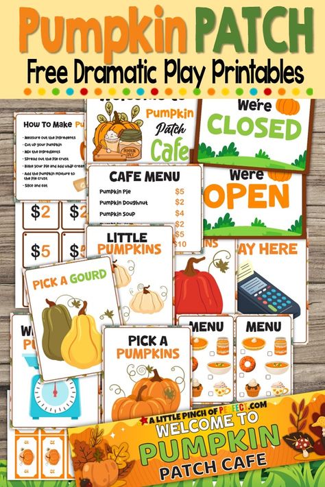 Pumpkin Dramatic Play Preschool, Free Dramatic Play Printables, Dramatic Play Printables Free, Dramatic Play Toddlers, Pumpkin Patch Dramatic Play, October Homeschool, Dramatic Play Centers Preschool, Pumpkin Activities Preschool, Independent Play Activities