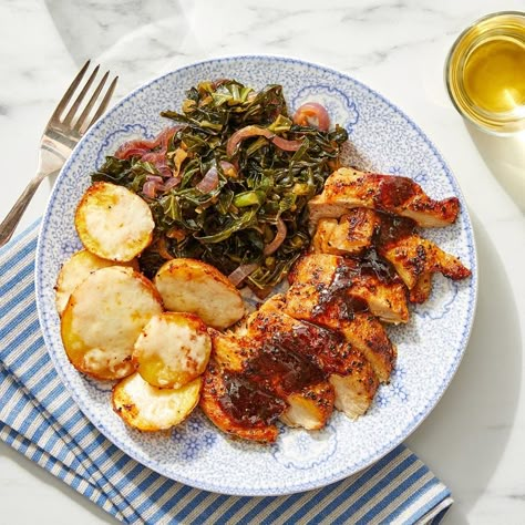 Recipe: Spicy Maple Chicken Thighs with Cheesy Potatoes & Collard Greens - Blue Apron Spicy Maple Chicken, Maple Chicken, Blue Apron Recipes, Seared Chicken, Apples And Cheese, Cheesy Potatoes, Collard Greens, Recipe Card, Fresh Fruits And Vegetables