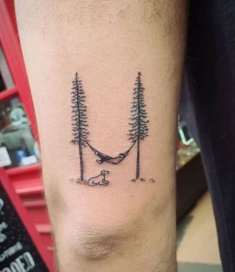 30 Amazing Tree Tattoos Designs with Meanings, Ideas, and Celebrities 28 Men Outdoors Tattoo, Outdoor Nature Tattoo, Men’s Outdoors Tattoo, Mountains And Lake Tattoo, Small Tree Tattoo For Men, Granola Tattoos For Men, Palm Tree Pine Tree Tattoo, Tree Beard Tattoo, Hammock Tattoo Ideas