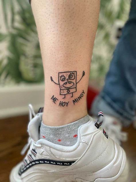 Spongebob Doodlebob Tattoo Small, Spongebob Ankle Tattoo, Funny Spongebob Tattoo Ideas, Spongebob Quote Tattoo, Spongebob Tattoo Black And White, Dum Tattoos, My Leg Spongebob Tattoo, Small Tattoos Cartoon, Funny Spongebob Tattoo