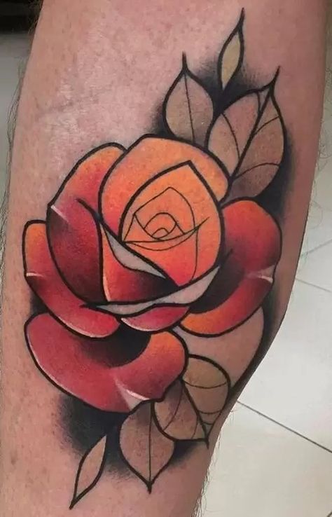 100+ Neo-traditional Tattoos: Main Themes, Designs & Artists Orange Rose Tattoo, Neo Traditional Roses, Traditional Tattoo Flowers, Traditional Roses, Skeleton Hand Tattoo, Traditional Tattoo Design, Rose Tattoo Design, New School Tattoo, Traditional Tattoo Flash