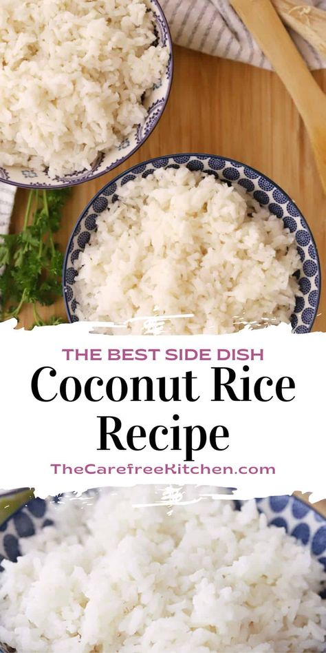 This Coconut Milk Rice recipe makes a deliciously light, fluffy, and fragrant side dish to any of your favorite Asian-inspired meals. #thecarefreekitchen #coconut #rice #coconutrice #coconutmilk #sidedish #asian Asian Recipes With Coconut Milk, Cuban Coconut Rice, Fluffy Coconut Rice, Rice In Coconut Milk, Coconut Curry Rice Recipe, Rice And Coconut Milk Recipe, Sticky Rice With Coconut Milk, Coconut Rice Rice Cooker, Coconut Evaporated Milk Recipes