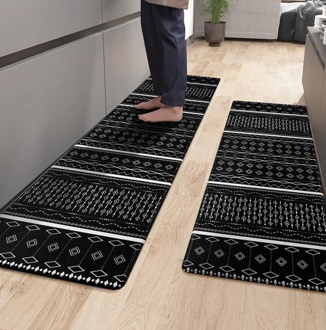 PRICES MAY VARY. 🔳【ENHANCED COMFORT - 0.4 INCH】: Experience ultimate comfort in your kitchen with our modern kitchen mats sets 2 piece. Designed with a luxurious 0.4 inch thickness, these runner rugs provide exceptional cushioning to relieve pressure on your feet and knees, making standing and walking a breeze. 🔳【NON-SLIP DESIGN】: Our black comfort kitchen floor mats are crafted from high-quality PVC memory foam material. With their non-slip properties, they offer superior stability and durabi Kitchen Sink Rug, Black White Kitchen Decor, Modern Kitchen Mat, Modern Kitchen Rugs, Sink Rug, Geometric Kitchen, Black Kitchen Decor, Black White Kitchen, Anti Fatigue Kitchen Mats