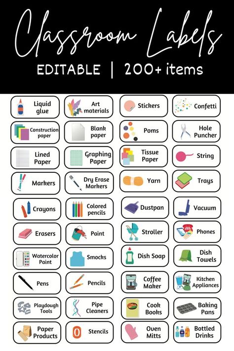 Label your entire classroom! Designed for preschool, Pre-K, and Kindergarten classrooms with learning centers. Over 200 labels included! Free Classroom Labels Editable, Preschool Classroom Supplies, Bin Labels Classroom, Supply Labels For Classroom Free, Cubby Labels Preschool, Free Printable Classroom Labels, Cubby Labels For Classroom, Preschool Classroom Names Ideas, Classroom Labels With Pictures Free