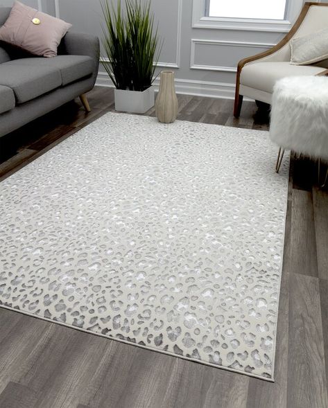 CosmoLiving by Cosmopolitan Natura Off-White/Silver Area Rug | Wayfair Leopard Rug, Cosmoliving By Cosmopolitan, Glam Living Room, Mobil Home, Silver Rug, Light Grey Area Rug, Rug White, Black Area Rugs, Silver Area Rug