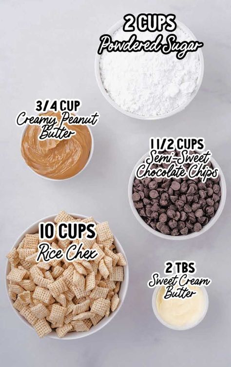 Puppy Chow recipe raw ingredients that are labeled Recipe For Puppychow, How Do You Make Puppy Chow, Puppy Chow With Peanut Butter, Oreo Puppy Chow Recipe, Halloween Puppy Chow Recipe, How To Make Puppy Chow Recipes, Easter Puppy Chow Recipes, Chex Mix Recipes Peanut Butter, Homemade Sweet Chex Mix Recipe