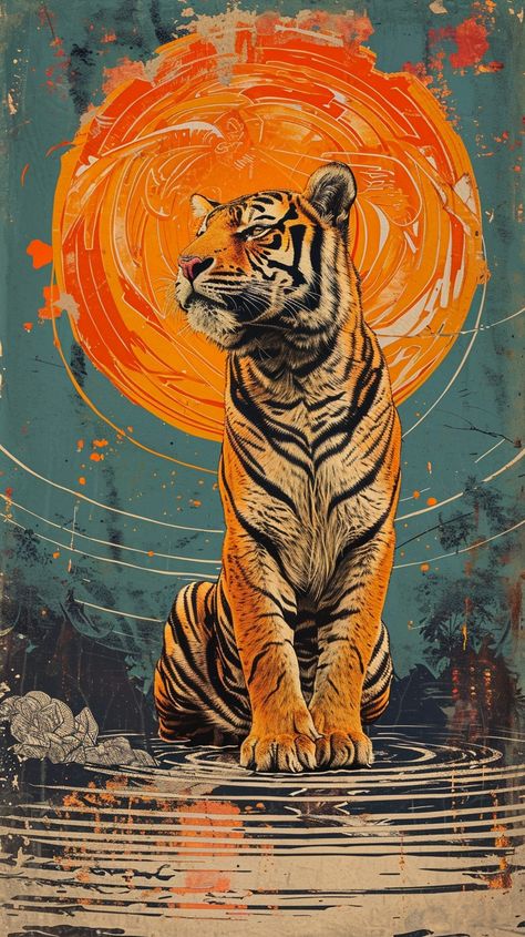 Titled "Sunset Sentinel," this artwork showcases a majestic tiger at rest, yet its sharp gaze remains ever-watchful. The bold woodcut lines and the vibrant contrast of the orange hues against the teal background accentuate the tiger's powerful stature. This piece perfectly marries the serenity of a setting sun with the fierce beauty of the tiger, creating a scene that is both peaceful and pulsing with life. The circular motif in the background may represent the sun, highlighting the tiger's ... Big Cat Tattoo, Last Kingdom, Tiger Artwork, Tiger Illustration, Tiger Pictures, Bulldog Art, Art Sunset, The Last Kingdom, Digital Art Gallery