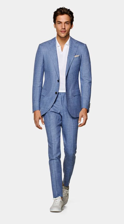 Blue Suit Outfit, Linen Suit Men, Mens Linen Suit, Groom Blue Suit, Blue Linen Suit, Linen Suits For Men, Waistcoat Designs, Light Blue Suit, Suit Supply