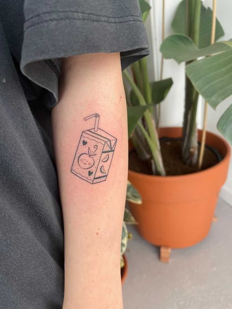 Juice Tattoo Small, Juicebox Tattoo Small, Apple Juice Box Tattoo, Juice Carton Tattoo, Quirky Tattoo Ideas, Juicebox Tattoo, Small Quirky Tattoos, Juice Box Tattoo, Quirky Tattoos