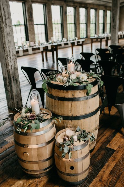 Brewery Wedding Decor Ideas, Distillery Wedding Reception, Bourbon Wedding Decor, Wedding At A Brewery, Brewery Reception Decorations, Wedding At Brewery, Brewery Wedding Reception Decor, Distillery Wedding Decor, Wine Barrel Ideas Wedding