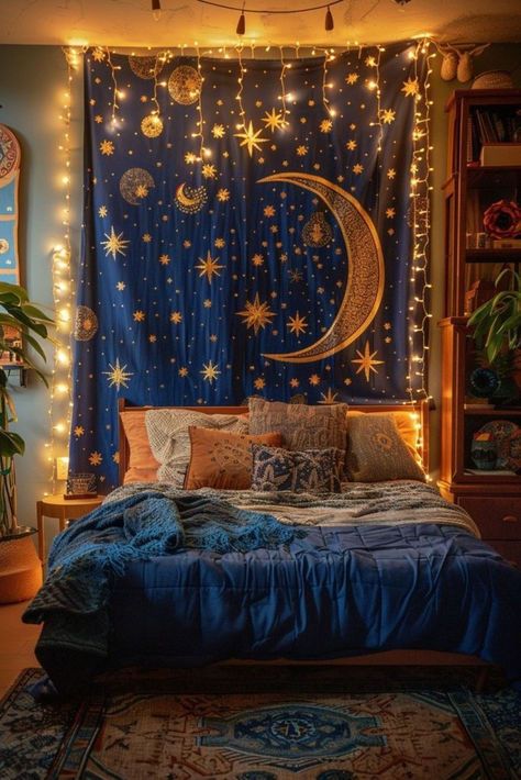 Celestial Canopy Bed, Starry Sky Room, Astrology Themed Room, Starry Room Aesthetic, Night Room Aesthetic, Curtain Lights Ideas, Celestial Living Room, Starry Night Room, Celestial Room Aesthetic