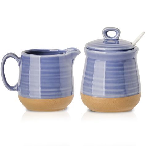 PRICES MAY VARY. Enchanting Hue: This sugar and creamer set boasts a unique sky blue that will elevate your dining experience. Its charming color adds an artistic flair to any environment, making it the perfect addition to your dining table, kitchen, or coffee bar. Carefully Designed Sizes: Extensive daily testing has guided us in crafting this cream and sugar set to cater to your everyday needs. The 11 oz sugar bowl and 10 oz creamer pitcher are expertly sized to ensure your food stays fresh wi Lidded Pottery, Sugar And Creamer Set, Creamer Pitcher, Cream And Sugar Set, Coffee Serving, Pitcher Set, Sugar Bowls, Table Kitchen, Cream And Sugar