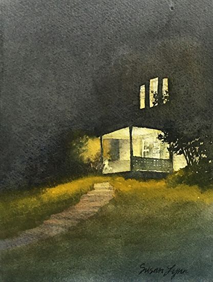 Welcome Home by Susan Lynn Watercolor ~ 8" x 6" Night Landscape Watercolor, Night Time Watercolor, Watercolor Night Scene, Nocturn Paintings, Moody Watercolor Paintings, Nighttime Watercolor, Dark Watercolor Paintings, Night Watercolor Paintings, Watercolor Art Night