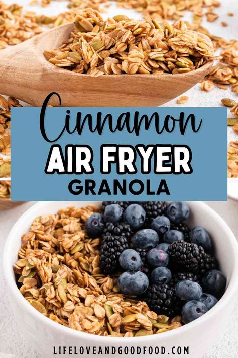 Maple Cinnamon Air-Fryer Granola is the perfect wholesome start to your day. Packed with crispy oats, toasted pepitas, and warm spices like cinnamon and nutmeg, all lightly sweetened with pure maple syrup, it’s a feel-good breakfast you’ll love. With both air-fryer and oven instructions, this easy recipe is bound to be a fall favorite. Air Fryer Granola, Air Fryer Recipes Healthy Low Carb, Vegan Air Fryer, Vanilla Granola, Cinnamon Granola, Vegan Granola, Baked Granola, Vegan Baked, Healthy Low Carb