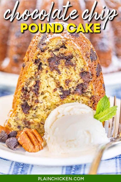 Chocolate Chip Pound Cake, Chocolate Chip Bundt Cake, Blueberry Dump Cakes, Lemon Pound Cake Recipe, Chocolate Chip Cake, Plain Chicken, Lemon Pound Cake, Vanilla Chocolate, Yellow Cake