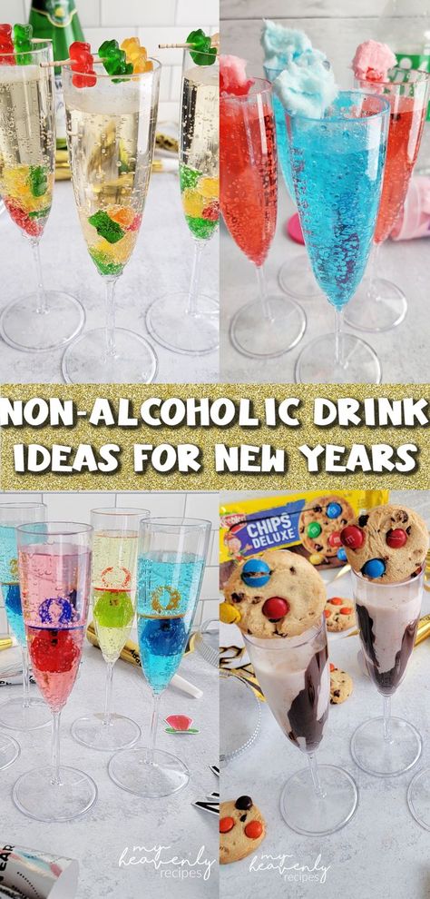 Non Alcoholic Drinks for New Years Eve- mocktails unique fun ideas for kids and adults. Non-alcoholic drinks to make. No alcohol. Nye Drinks For Kids, New Years Drink Ideas, New Years Drink, Nye Activities, Fun Kids Drinks, New Years Eve Birthday Party, Nye Drinks, Christmas Drinks Nonalcoholic, New Years Eve Snacks