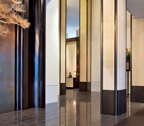 Tonychi and Associates-Mandarin Oriental Guangzhou Tony Chi, Column Cladding, Design Interior Modern, Column Lighting, Public Hotel, Interior Columns, Pillar Design, Office Lobby, Lobby Lounge