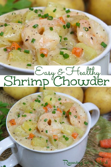 Healthy Seafood Chowder Recipe, Chowder Recipes Healthy, Shrimp Chowder Recipe, Shrimp And Potatoes, Chowders Recipes, Seafood Chowder Soup, Squash Soups, Shrimp Ideas, Bisque Recipes