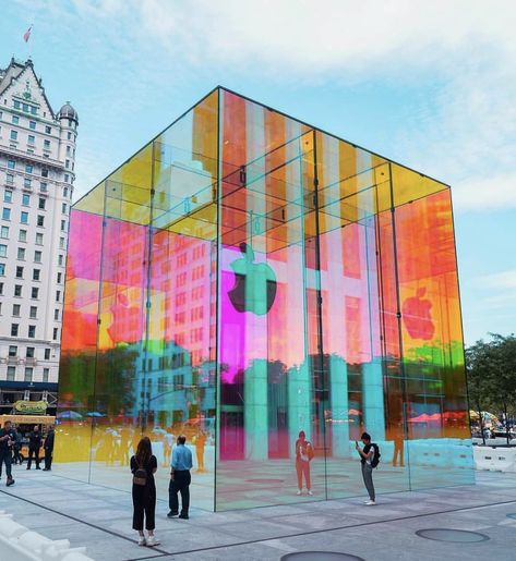 The Apple Store on 5th is almost finished but they temporally have a beautiful iridescent covering! Hurry & go see it before they take it down!! Speakeasy Ideas, Brand Activation, Facade Material, Home Greenhouse, Glass Sticker, Glass Inspiration, Futuristic Art, Street Furniture, 5th Avenue