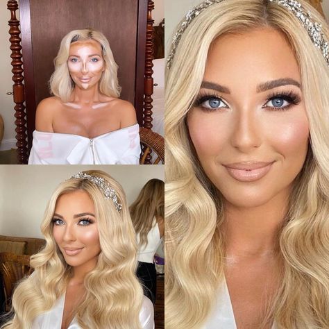 Blonde Smokey Eye Make Up, Half Up Half Down Bridal Hair With Headband, Elegant Wedding Makeup Brides Blue Eyes, Full Glam Makeup Blonde Hair, Winter Wedding Makeup For Blondes, Beach Wedding Makeup For Bride, Full Glam Bridal Makeup Blonde, Glam Wedding Makeup Blue Eyes, Soft Glam Makeup Blonde Blue Eyes