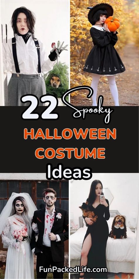 The image showcases four Halloween costume ideas, labeled with the text "Spooky Halloween Costume Ideas" in bold. The top left features an Edward Scissorhands-inspired outfit, the top right highlights a gothic witch holding a pumpkin. The bottom left displays a zombie bride and groom, while the bottom right shows a modern Morticia Addams look, accompanied by a dog dressed as Wednesday Addams. The image captures creative, spooky costume themes for Halloween parties or events. Scary Plus Size Halloween Costumes, Frankinstine And His Bride Costume, Edward Scissorhands Costume, Morticia Addams Costume, Rockstar Costume, Witch Outfits, Zombie Wedding, Wednesday Addams Costume, Jack Skellington Costume