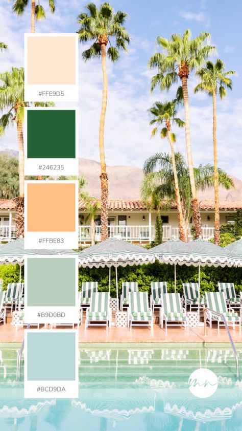 Palm Springs Beach Color Palette, Beachy Peach Color Palette, Tan and Green Color Palette, Peach and Blue Color Palette, Pastel Salmon and Sage Color Scheme, Colony Palms Print, Colony Palms Photo, Relaxing Poolside Tones, Outdoor Oasis, Master Bath Color Ideas, Monika Normand Print Shop, Monika Normand Photography Peach Green Blue Color Scheme, Peach Green Palette, California Aesthetic Color Palette, Tropical Summer Color Palette, Coral Beach Color Palette, Beach Party Color Palette, Beach Cafe Color Palette, Sage Green And Aqua Color Palette, Palm Springs Color Scheme