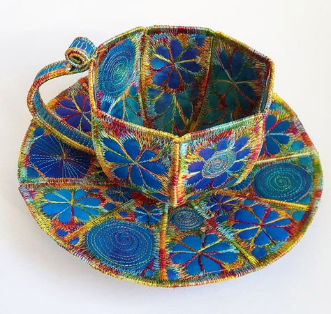 Ornate Jewel-Toned Stitches Embellish Common Household Objects Made From Textiles | Colossal Stitch Witchery, Household Objects, Textile Sculpture, Handmade Textiles, Quilting Techniques, Free Machine Embroidery, Vintage Electronics, Tea Cup And Saucer, Art Textile