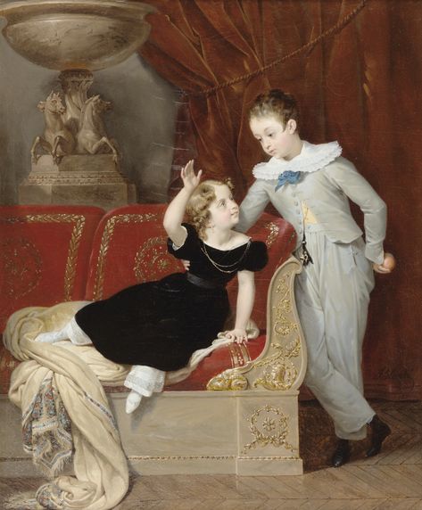 MERRY-JOSEPH BLONDEL ; PORTRAITS OF TWO CHILDREN IN AN EMPIRE INTERIOR  ; SIGNED AND DATED 1826 LOWER RIGHT ; OIL ON CANVAS Biedermeier Fashion, Double Portraits, Montreal Art, Fashion History Timeline, Double Portrait, Women Artist, Romantic Era, Romantic Period, Jig Saw