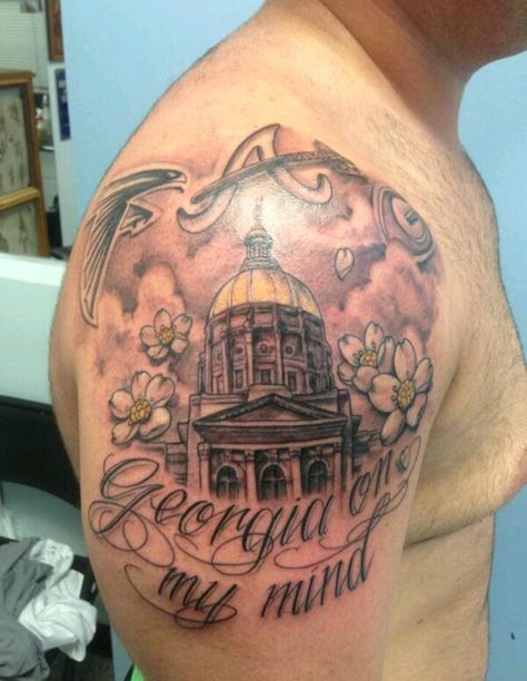 Great tattoo with Georgia theme Georgia Themed Tattoo, State Of Georgia Tattoo, Georgia Tattoo Ideas, Paul Walker Tattoo, Georgia Tattoos, Georgia Tattoo, Watercolor Tattoo Sleeve, Atlanta Tattoo, Peach Tattoo