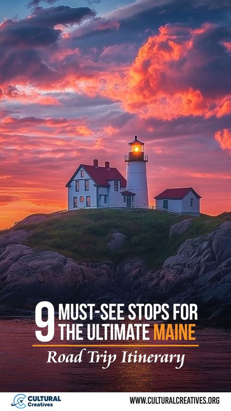 A lighthouse perched on a rocky coastline at sunset, representing one of the 9 Must-See Stops for the Ultimate Maine Road Trip Itinerary. Michigan To Maine Road Trip, Maine Lighthouse Road Trip, Maine Vacation Itinerary, Maine Trip Itinerary, Maine Road Trip Itinerary, Salem Boston, Things To Do In Maine, Maine In The Fall, Maine Road Trip