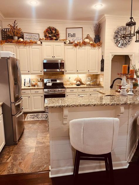 Fall Above Cabinet Decor Kitchen, Fall Home Decor Kitchen Island, Pumpkins On Top Of Kitchen Cabinets, Above Cabinets Fall Decor, Over Cabinet Fall Decor Kitchen Ideas, Above Kitchen Cabinet Fall Decor Ideas, Fall Decor Kitchen Cabinets, Above Cabinet Fall Decor Kitchen, Fall Inside Decor