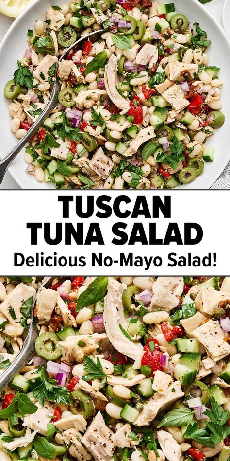 Tuscan tuna salad (no-mayo) Tuscan Tuna Salad Downshiftology, Tuscan Tuna And White Bean Salad, Tuna Salads For Dinner, Tuna And Beans, Tuna Salad With Cream Cheese, Tuna Salad Wrap Recipe, Tuscan Tuna Salad, Healthy Hearty Salads, White Bean Tuna Salad