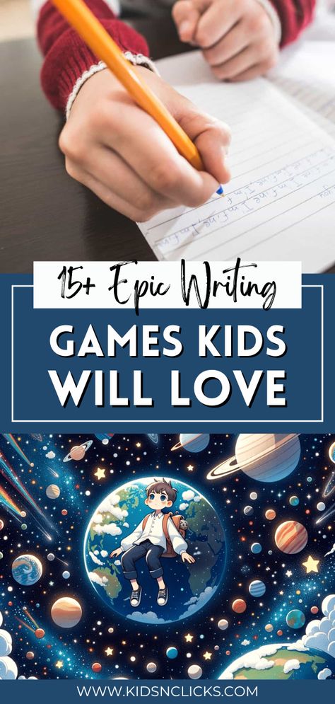 Click through to the blog for 15+ epic writing games kids will love! Writing games make practicing writing feel fun rather than like a chore! These prompts and games will motivate even kids who don't enjoy writing! These games will teach you how to make kids love writing. Everything you need to know is inside! Writing Games For Preschoolers, Language Arts Games For 2nd Grade, Summer Writing Activities For Kids, Fun Writing Activities For Kids, Creative Writing Games, Writing Exercises For Kids, Writing Ideas For Kids, Homeschool Handwriting, Writing Activities For Kindergarten