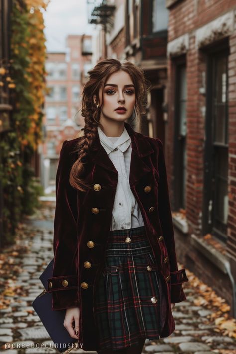 A woman with warm brown hair styled in a loose braid walks down a cobblestone street framed by autumn leaves. She wears a deep burgundy velvet coat with gold buttons, a white collared shirt, and a muted green and red plaid skirt. Her bold lipstick and rich, layered outfit embody the Dark Autumn palette, creating a polished yet cozy fall look.