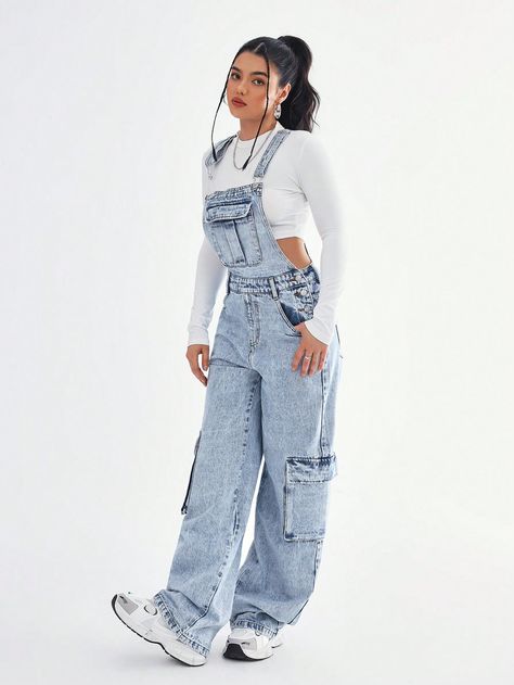 Women's Casual Loose Cargo Pockets Denim Jumpsuit Blue Casual  Sleeveless Denim Plain Overall Non-Stretch  Women Clothing, size features are:Bust: ,Length: ,Sleeve Length: Overalls Denim, Jumpsuit Blue, Jean Overalls, Jeans Casual, Denim Overalls, Denim Jumpsuit, Kids Sleepwear, Inspiration Mode, Womens Fall