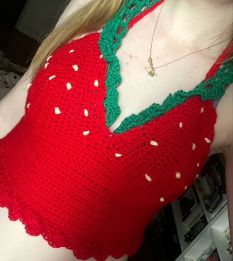 Crochet Strawberry Top, Thrift Tips, Crocheted Strawberry, Strawberry Fairy, Strawberry Girl, Crochet Strawberry, Strawberry Topping, Crochet Tank, Crochet Top Pattern