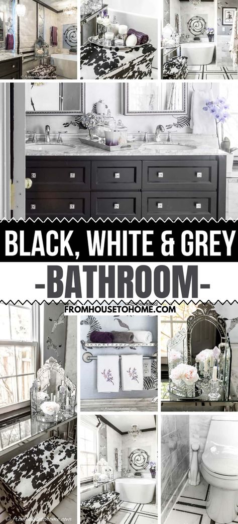 Black, White And Grey Bathroom Makeover Ideas | Master Bathroom Ideas Dark Gray Bathroom Cabinets, Black Gray And White Bathroom, Black White And Grey Bathroom Ideas, Black And Gray Bathroom Ideas, Black White Gray Bathroom, Timeless Remodel, Black And Grey Bathroom Ideas, Gray White Bathroom, Grey And White Bathroom Ideas