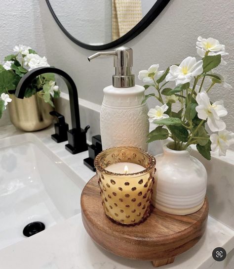 How To Decorate A Long Bathroom Vanity, Bathroom Decor Long Counter, Small Sink Decor, Master Bath Counter Decor, Spring Bathroom Decor Ideas, Bathroom Tray Decor Ideas, Small Bathroom Counter Decor, Spring Bathroom Decor, Bathroom Countertop Decor