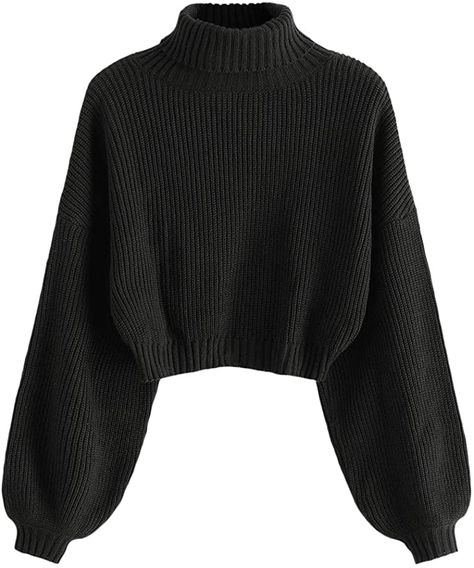 ZAFUL Women's High Neck Lantern Sleeve Ribbed Knit Pullover Crop Sweater Jumper at Amazon Women’s Clothing store Cropped Black Sweater Outfit, Black Sweater Women, Black Knitted Sweater, Cropped Turtleneck Sweater, Hogwarts Dr, Cropped Turtleneck, Design Outfit, Pullover Mode, Pull Over Sweater