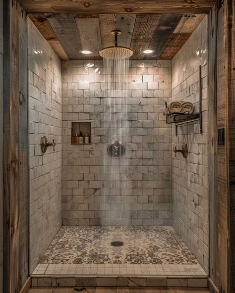 15+ Must-See Shower Bathroom Remodel Ideas for a Dreamy Retreat • 333+ Art Images Bathroom Ideas With Walk In Shower Layout, Barndo Master Bath Ideas, Lodge Master Bath, Tile Walk In Shower Ideas Master Bath, Bathroom Ideas Master Decorations, Shop Shower Ideas, Modern Rustic Master Bath Ideas, Rock Showers Walk In, Master Bathrooms Western