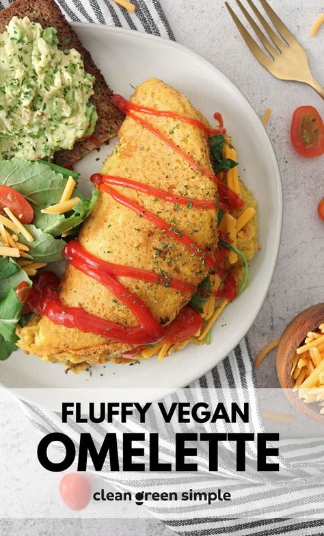 Mmmm, there's nothing like a fluffy omelette for breakfast. For a healthy plant-based option, make this savory vegan omelette with chickpea flour. Store the dry ingredients in a jar for an instant "omelette" mix! #vegan #recipes #omelettes | cleangreensimple.com Fluffy Omelette, Chickpea Omelette, Vegan Breakfast Smoothie, Chickpea Flour Recipes, Vegan Omelette, Plant Based Recipes Breakfast, Healthy Vegan Breakfast, Omelette Recipe, Clean Green