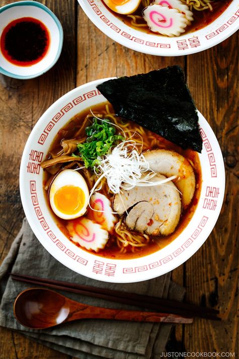 My Spicy Shoyu Ramen recipe is easy to make at home. Topped with soft-boiled egg, fish cake, nori seaweed, and fall-apart tender chashu pork belly, this delicious bowl of spicy delight will surely satisfy your ramen craving! #shoyuramen #ramen | Easy Japanese Recipes at JustOneCookbook.com Shoyu Ramen Recipe, Ramen Easy, Japanese Rice Dishes, Chashu Pork, Ramen Toppings, Ramen Dishes, Shoyu Ramen, Just One Cookbook, Homemade Ramen