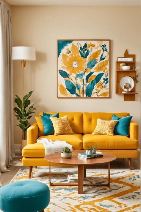 Ochre Living Room, Yellow Couch Living Room Ideas, Midcentury Modern Living Room, Router Sled, Indian Room, Modern Living Room Ideas, Sunken Living Room, Deco Studio, Diy Budget