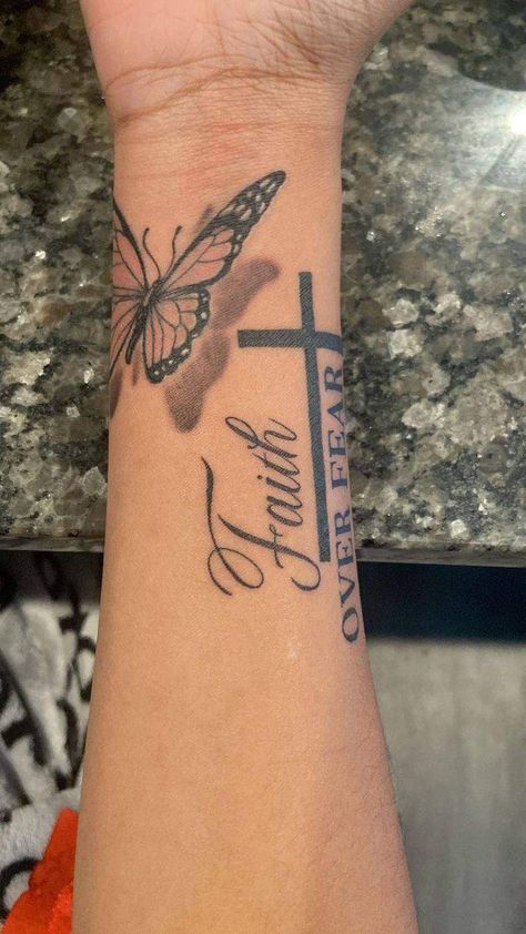 Different Tattoo Flowers, Crosses Tattoo For Women, Bible Verse With Butterflies Tattoo, Nehemiah 8:10 Tattoo, Hebrew 11:1 Tattoo, Faith With Butterfly Tattoo, 2010 Tattoo Ideas, Simple Sleeves Design Tattoo, Name Tattoos For Women On Wrist