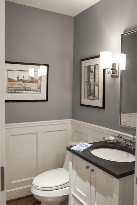 Small Modern Powder Room Pikes peak grey Benjamin moore Traditional Powder Room, Makeover Kamar Mandi, Ideas Baños, Bad Inspiration, Downstairs Bathroom, Half Bathroom, Pikes Peak, Bathroom Redo, Bathroom Renos