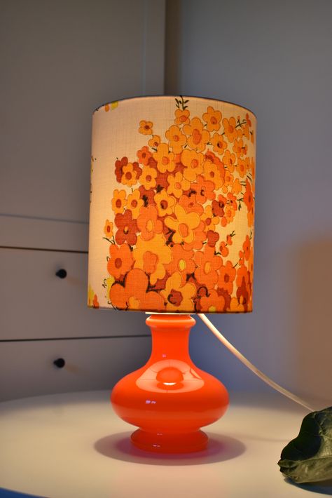 Amazing vintage table lamp, made in the 70s. This beauty is made of cased glass base and lampshade is made of fabric. The lamp is really something special, as both the lampshade and the base can be lit. It gives off fabulous light when lit and it is a real eye catcher and a great decor. Orange Bedside Lamp, Retro Lamp Shade, 70s Home Decor Bedroom, Funky Desk Lamp, Retro Lamps Vintage, 70s Lamps, 1970s Lamp, 70s Room Decor, 80s Lamp