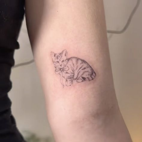 Cat Tattoo Coquette, Cat With Bow Tattoo, Dot Work Cat Tattoo, Woman And Cat Tattoo, Cute Cat Tattoos, Soft Tattoo Aesthetic, Dainty Cat Tattoo, Fine Line Cat Tattoo, Soft Tattoo