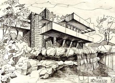 Falling Water House Drawing, Monochromatic Sketches, Falling Water Sketch, Buildings Drawings, Falling Water Frank Lloyd Wright, Kaufmann House, Falling Water House, Architecture Drawing Sketchbooks, Falling Water